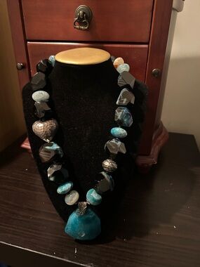 Statement Turquoise & Black Chunky Beaded Necklace OOAK